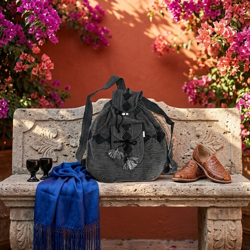 Black back pack Mexican morral  bag  15x15 zipper on top 5 in bottom width